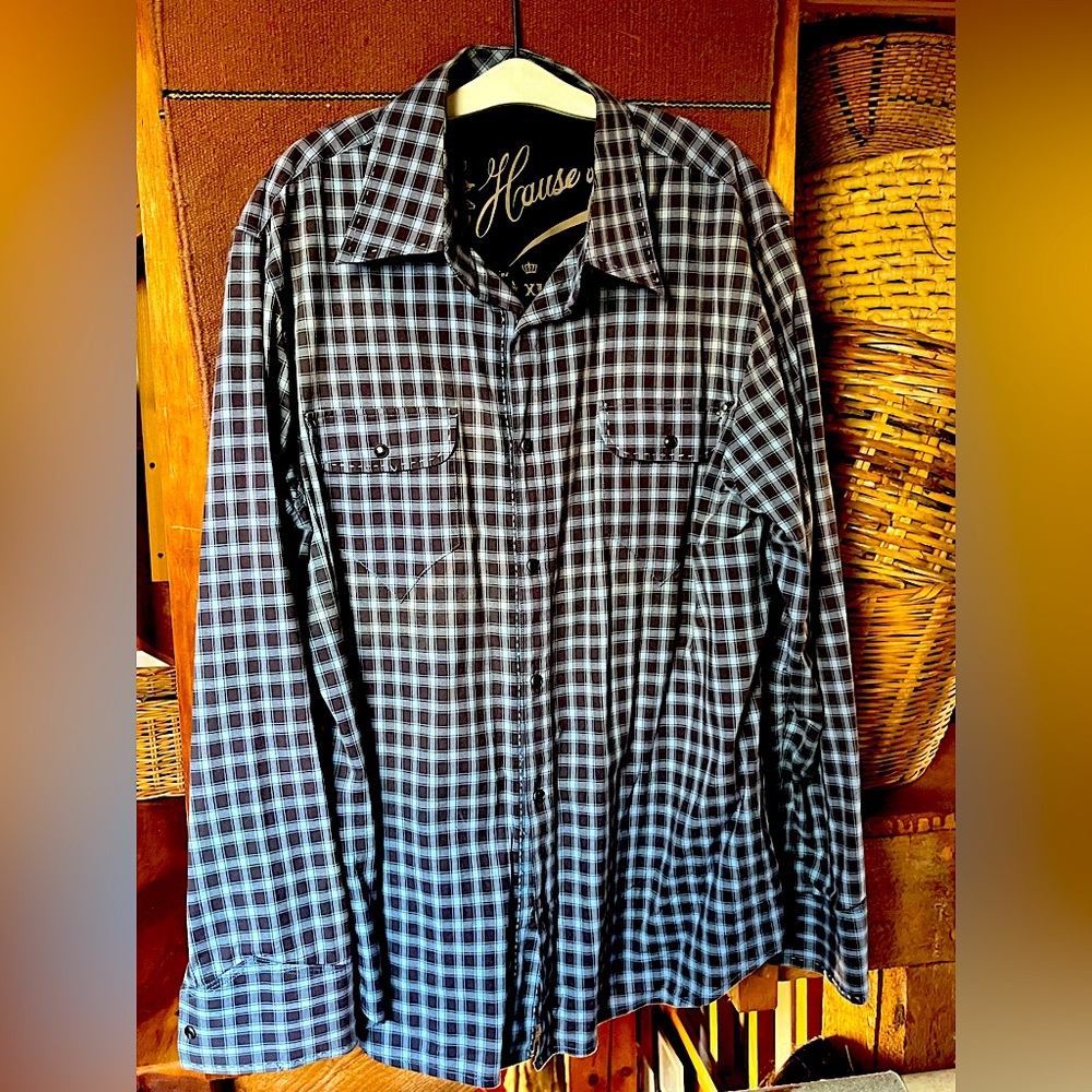 Blue and grey western style shirt. Snap buttons. Size XL